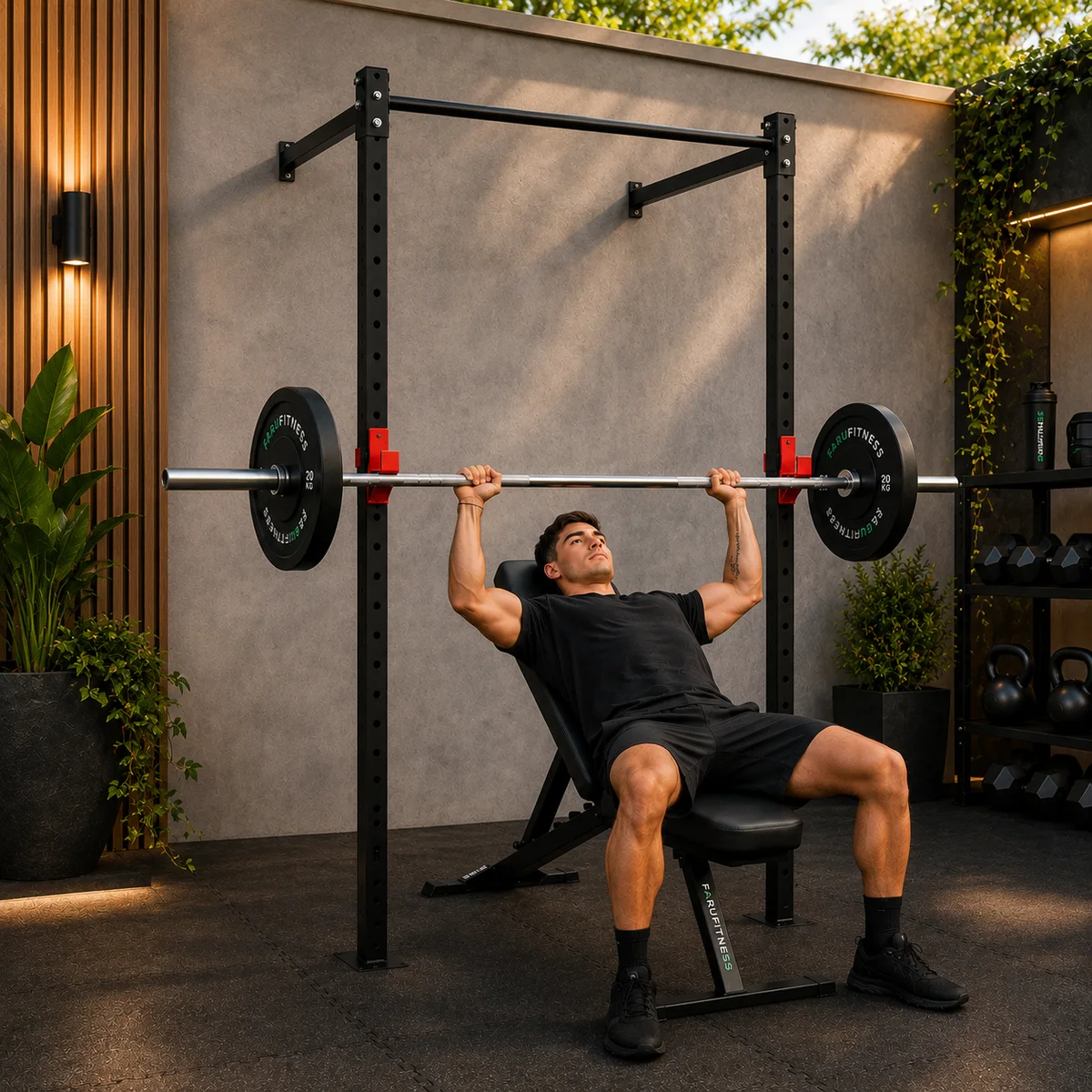 Gimnasio en casa con la pared pintada de gris oscuro, panel de listones de madera, piso de caucho y rack de pared con banco