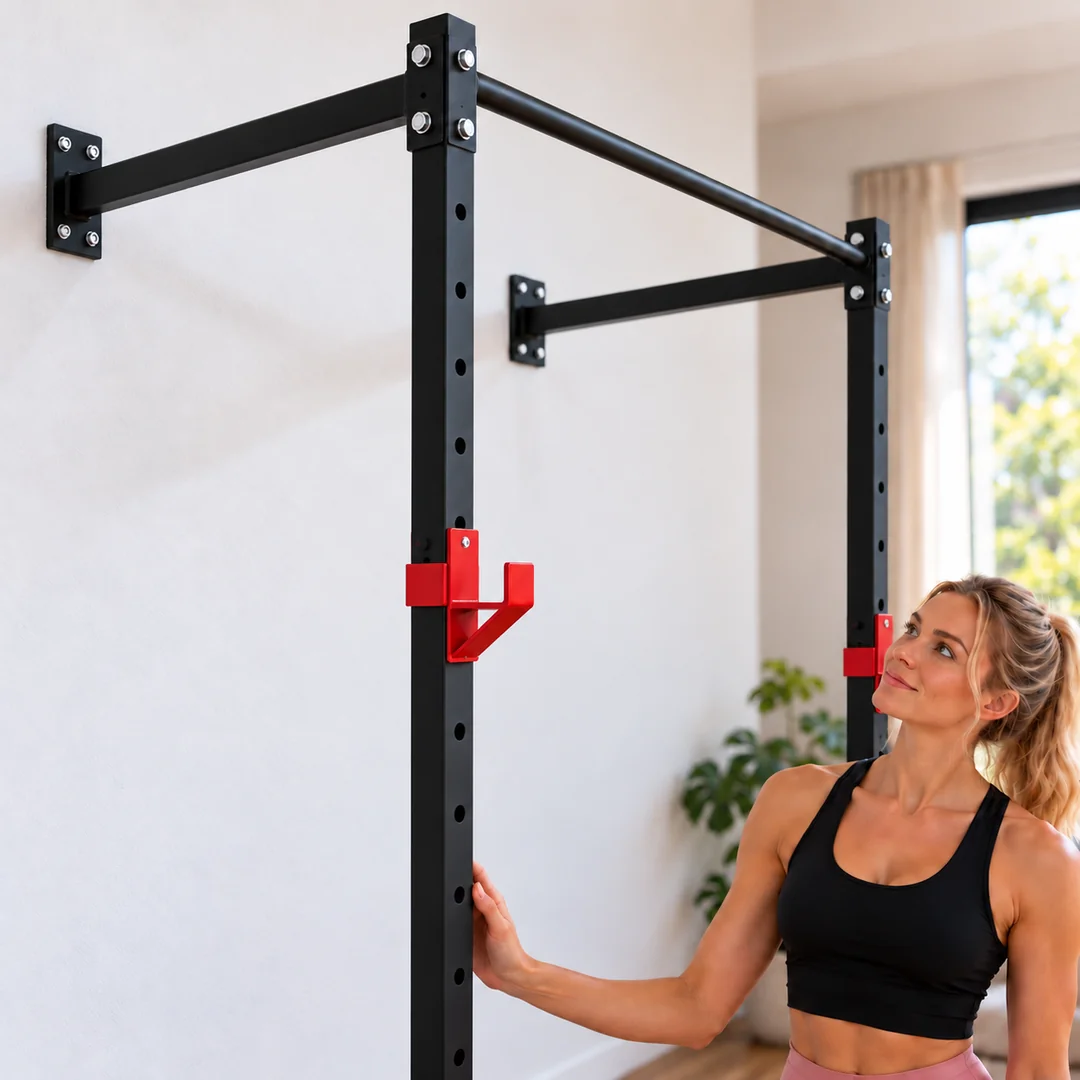 Detalle del rack de pared FARU: la placa amurada con sus bulones, el brazo y la barra de dominadas