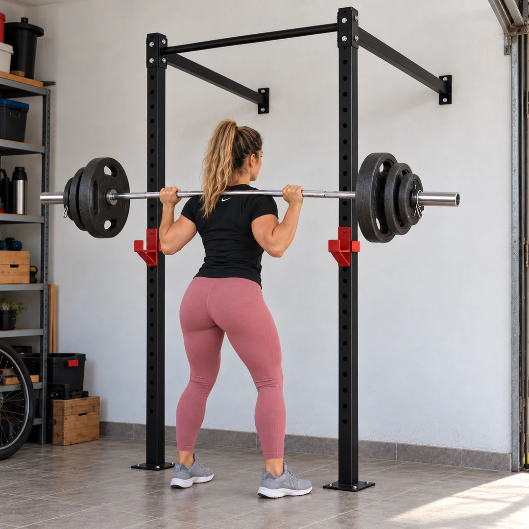 Sentadilla con barra en el rack de pared