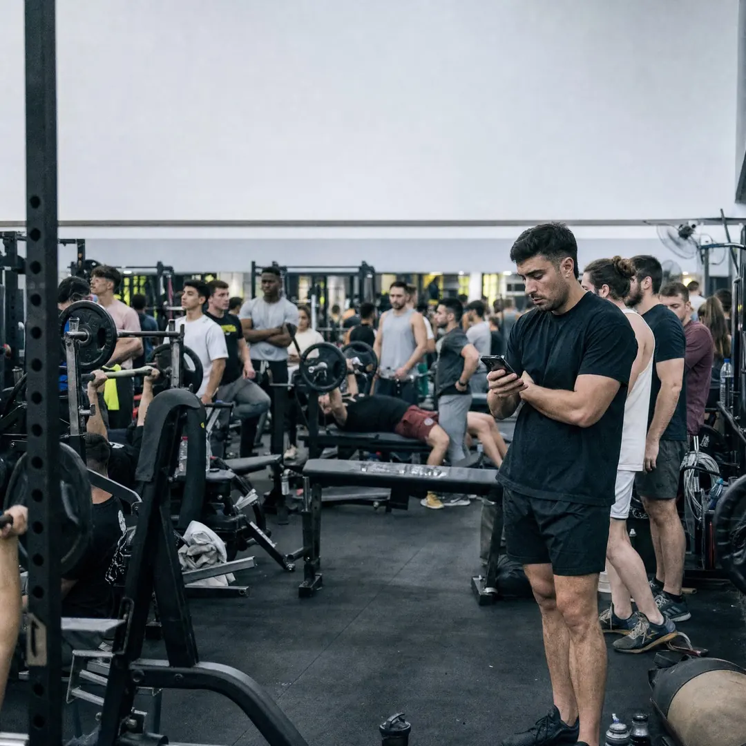 Gimnasio lleno, con gente esperando las máquinas