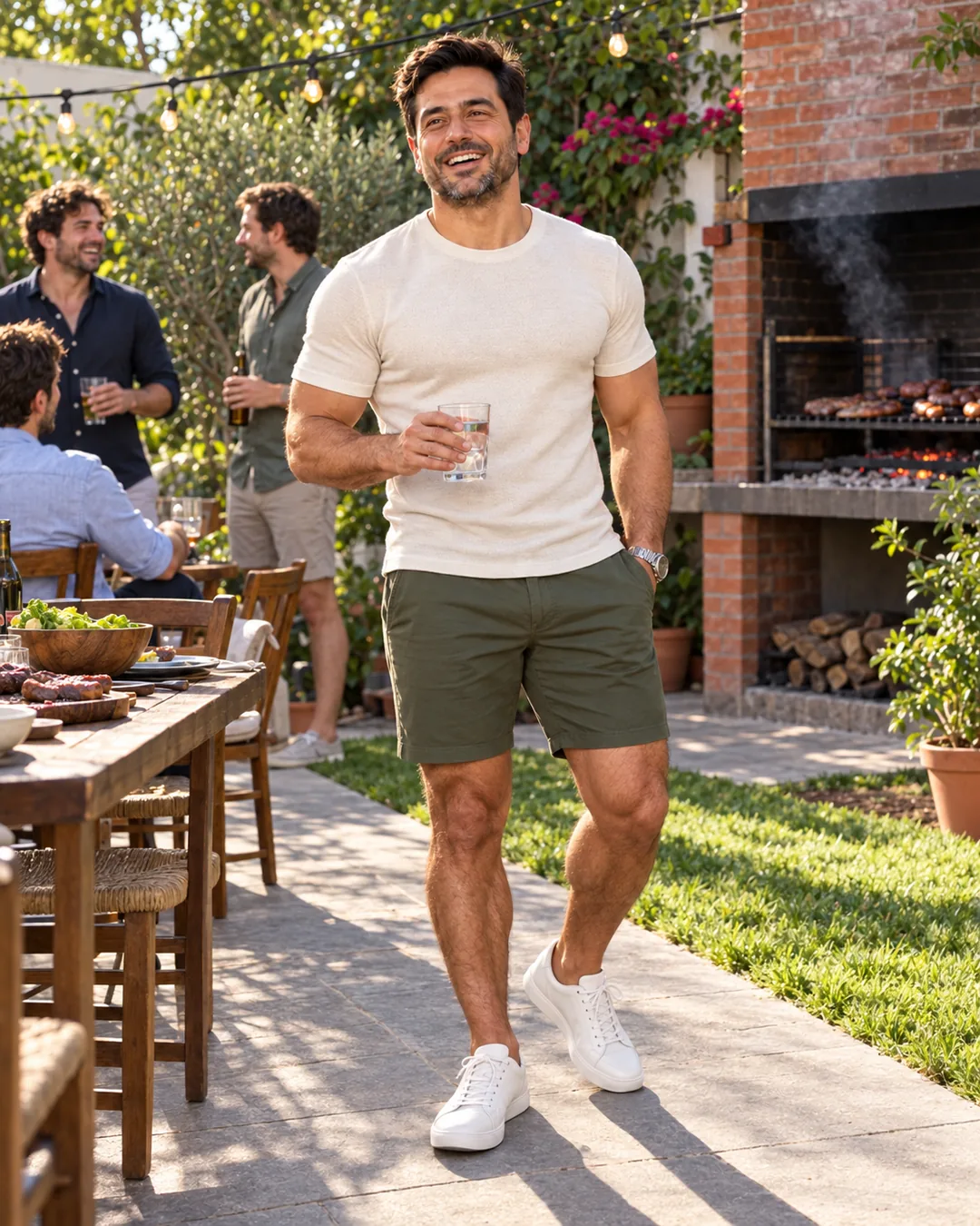 El mismo hombre un año después, en gran forma, feliz en un asado con amigos