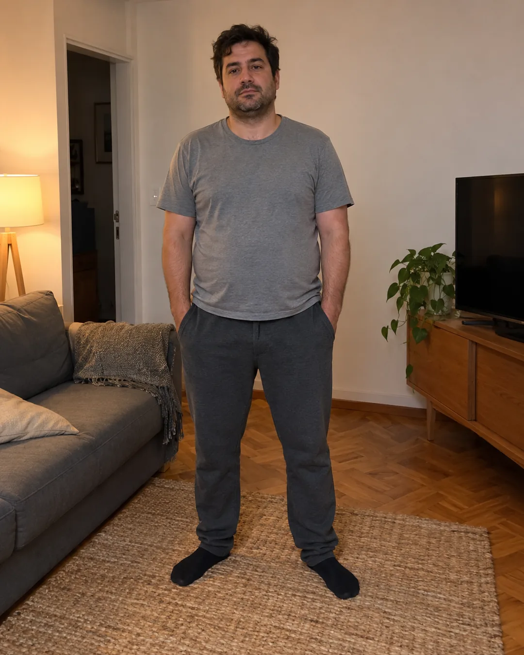 Hombre en su living antes de empezar a entrenar