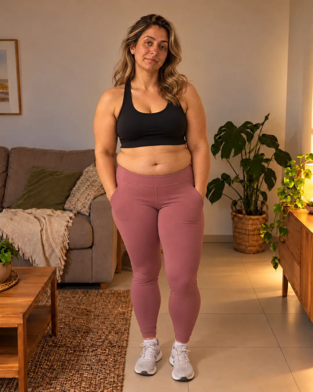 Mujer en su living antes de empezar a entrenar