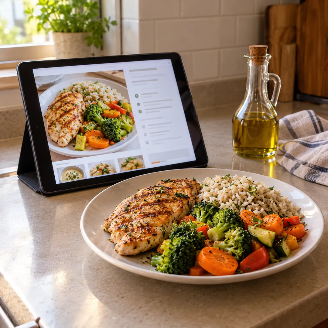 Tablet con una receta saludable al lado de un plato de pollo con arroz y verduras